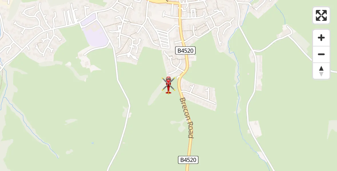 Flight path map showing Air Ambulance Helicopter route from Builth Wells to Builth Wells