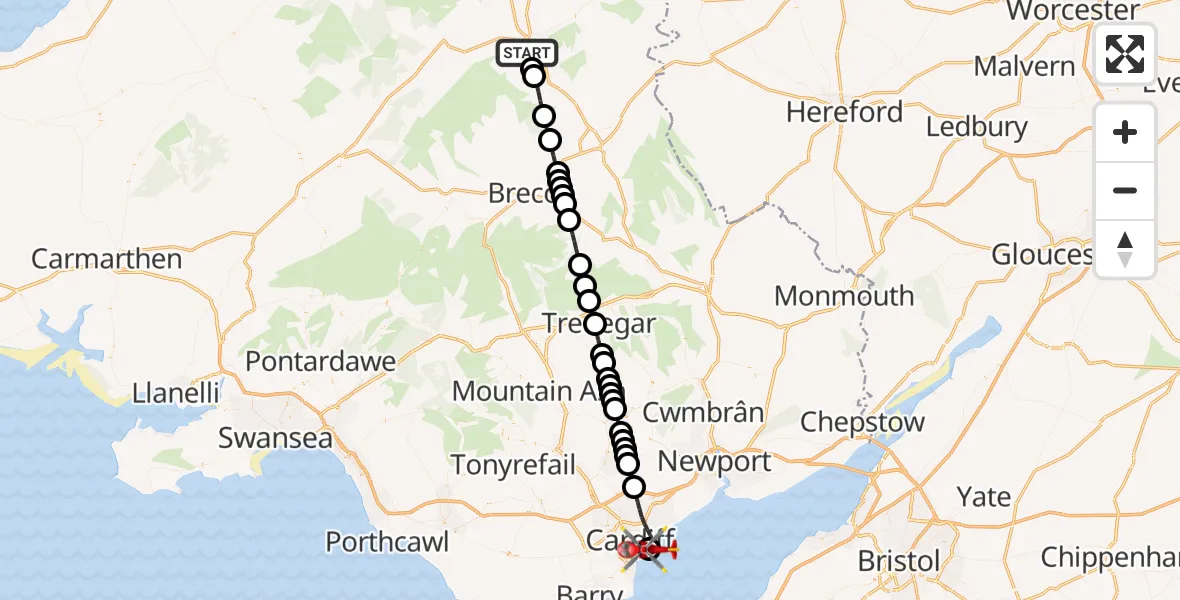 Routekaart van de vlucht: Air Ambulance Helicopter to Cardiff Heliport