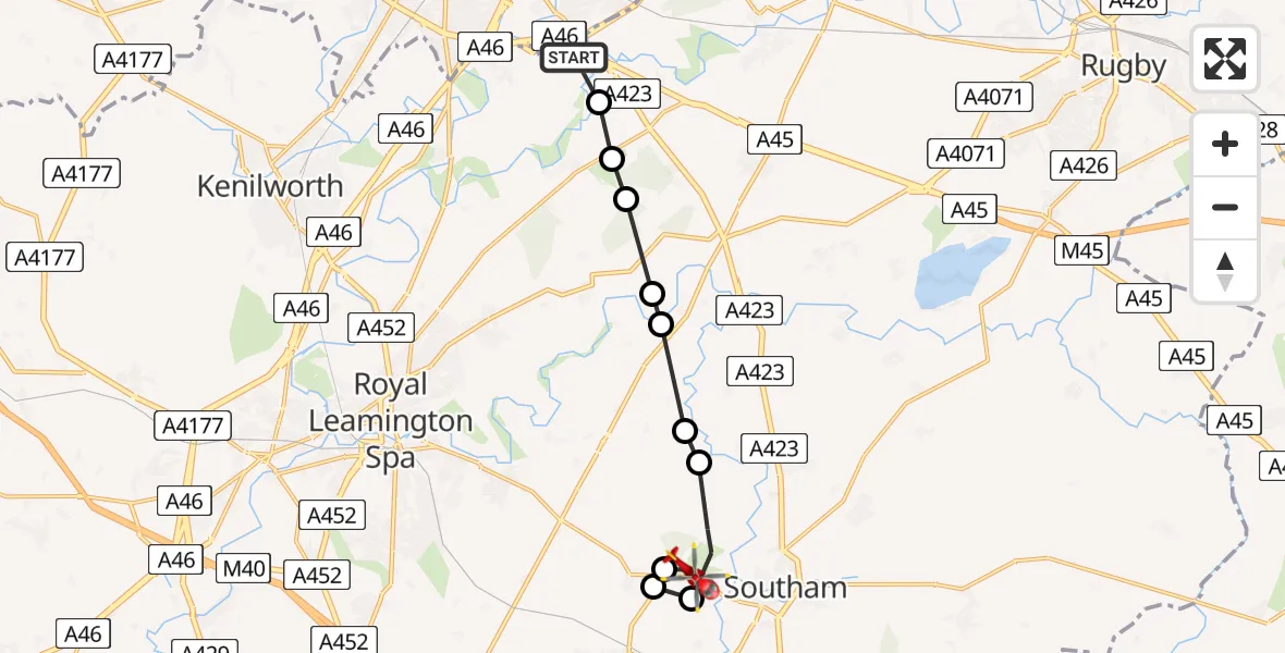 Flight path map showing Air Ambulance Helicopter route from Coventry Airport to Ufton