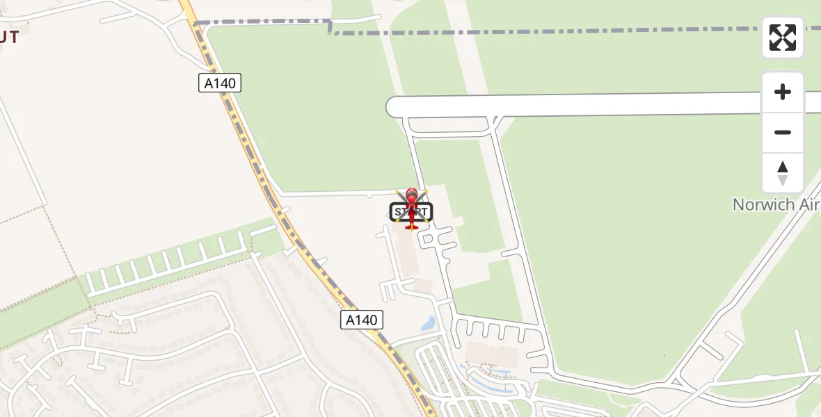 Flight path map showing Air Ambulance Helicopter route from Norwich Airport to Norwich Airport
