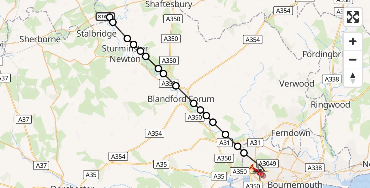 Flight path map showing Air Ambulance Helicopter route from Henstridge Airfield to Poole