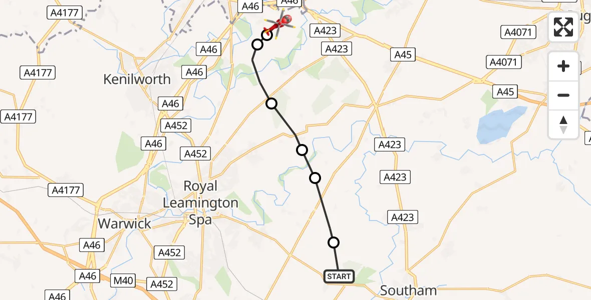 Flight path map showing Air Ambulance Helicopter route from Ufton to Coventry Airport