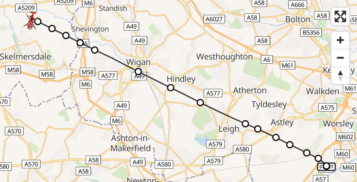 Flight path map showing Air Ambulance Helicopter route from Manchester Barton Aerodrome to Dalton