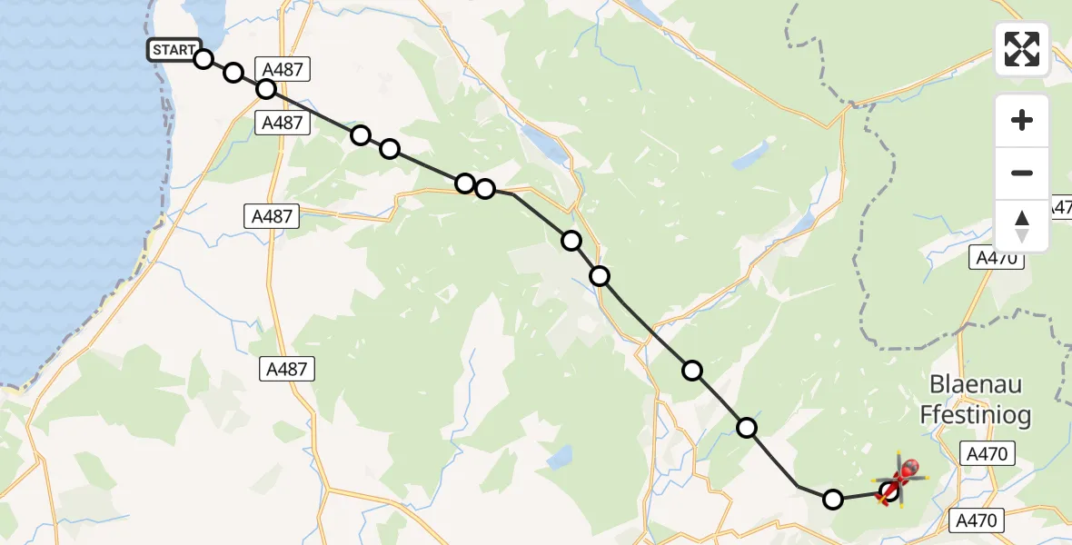 Flight path map showing Air Ambulance Helicopter route from Caernarfon Airport to Blaenau Ffestiniog