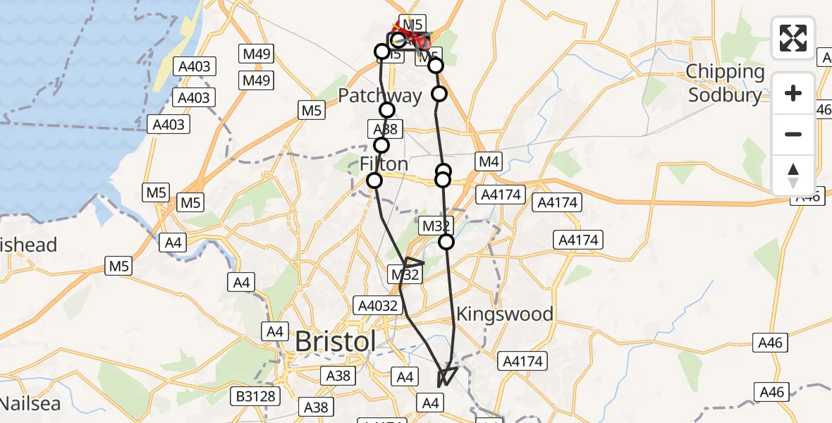 Flight path map showing Air Ambulance Helicopter route from Almondsbury Helicopter Base to Almondsbury Helicopter Base