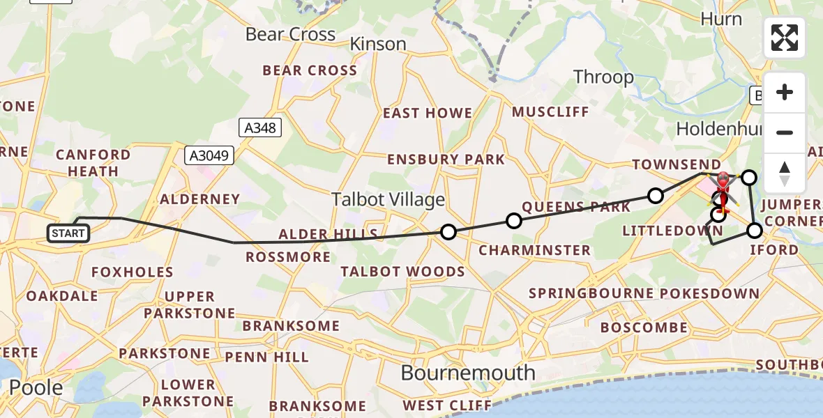 Flight path map showing Air Ambulance Helicopter route from Poole to Royal Bournemouth Hospital