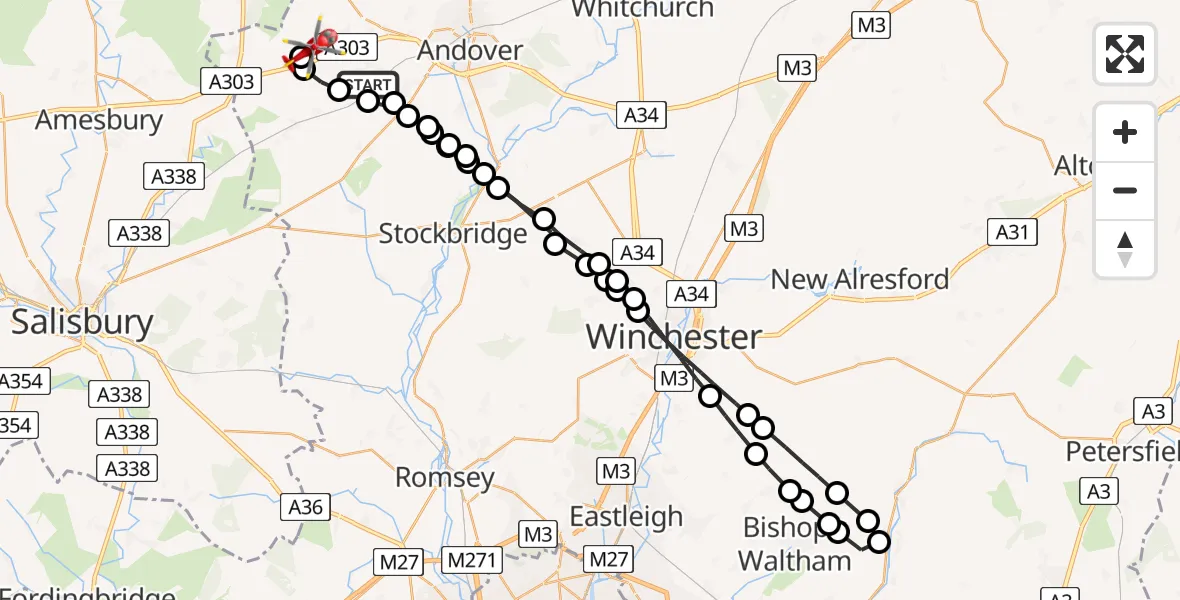 Flight path map showing Air Ambulance Helicopter route from Monxton to Thruxton Aerodrome