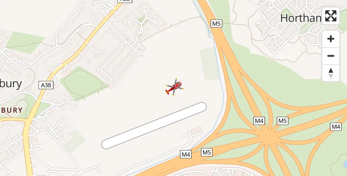 Flight path map showing Air Ambulance Helicopter route from Almondsbury Helicopter Base to Almondsbury Helicopter Base