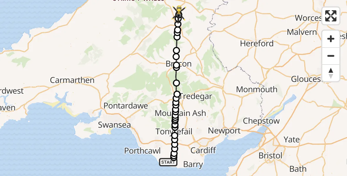 Flight path map showing Police Helicopter route from Llantwit Major to Crossway