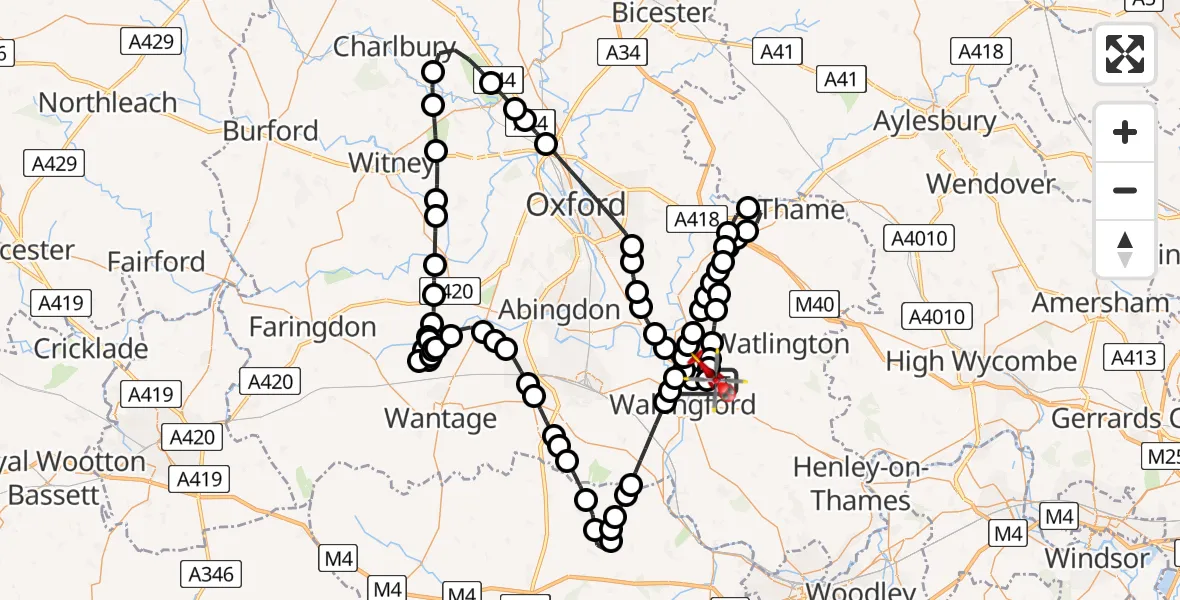 Flight path map showing Air Ambulance Helicopter route from RAF Benson to RAF Benson