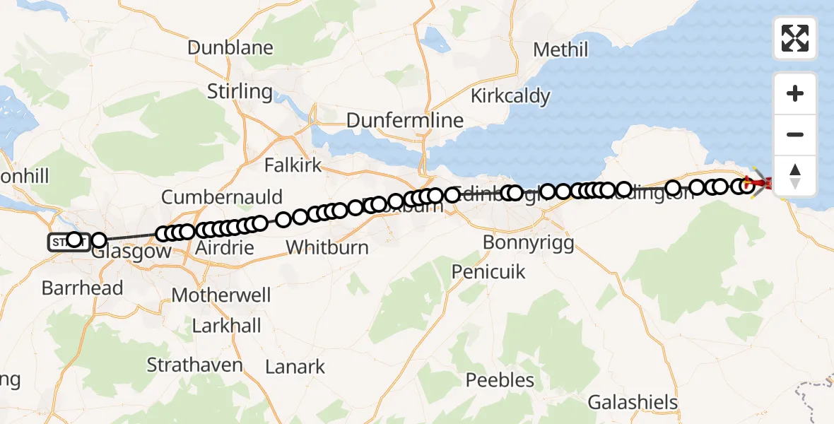Flight path map showing Air Ambulance Helicopter route from Glasgow Airport to Innerwick
