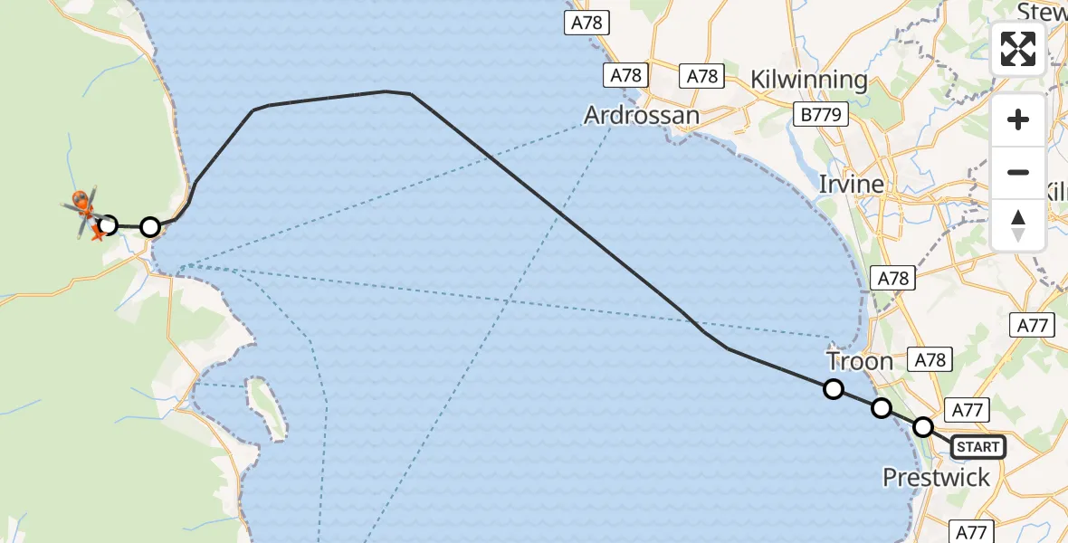 Flight path map showing Coastguard Helicopter route from Glasgow Prestwick Airport to Brodick