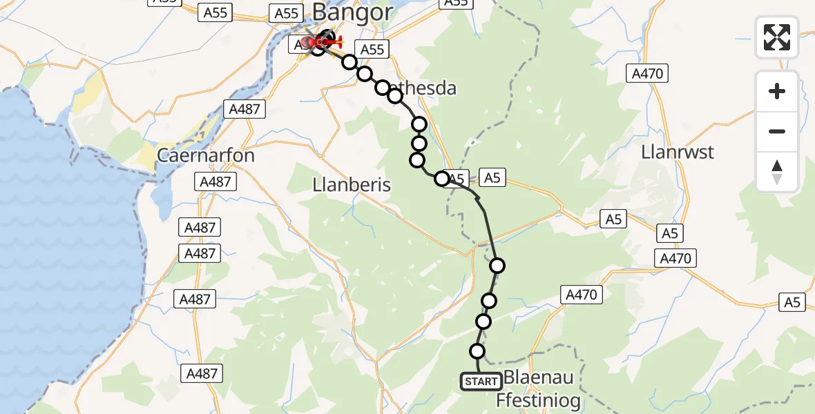 Flight path map showing Air Ambulance Helicopter route from Llanfrothen to Ysbyty Gwynedd Hospital Heliport