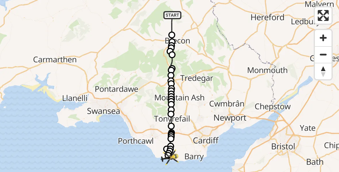 Flight path map showing Police Helicopter route from Merthyr Cynog to MOD St Athan