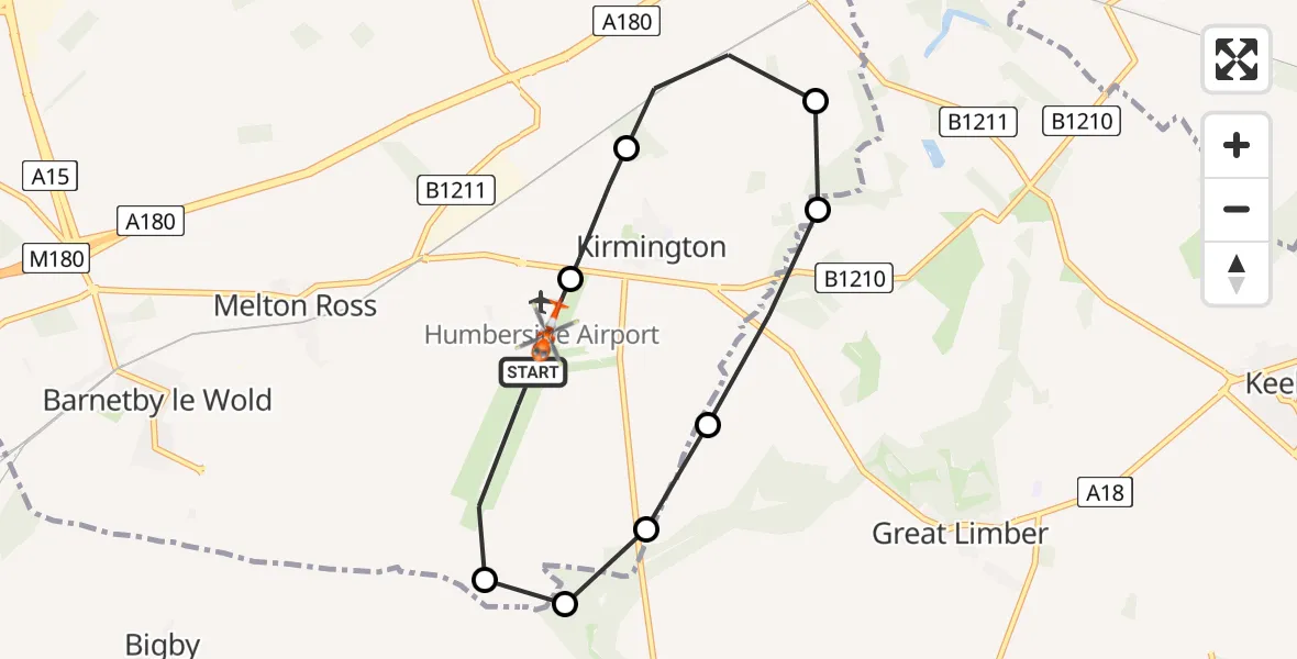 Flight path map showing Coastguard Helicopter route from Humberside Airport to Humberside Airport