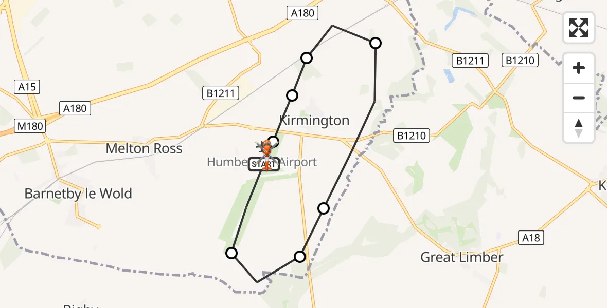 Flight path map showing Coastguard Helicopter route from Humberside Airport to Humberside Airport