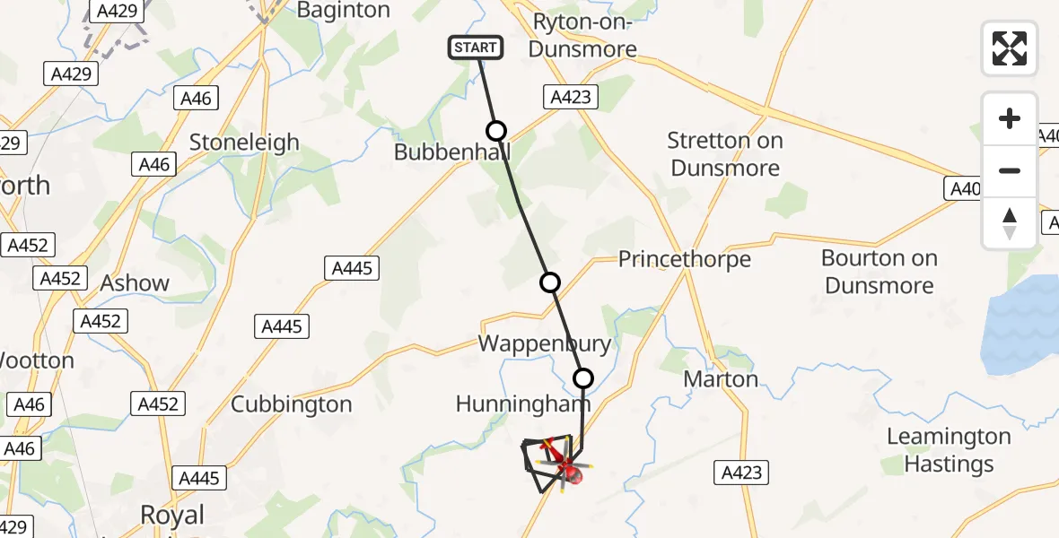 Flight path map showing Air Ambulance Helicopter route from Baginton to Hunningham