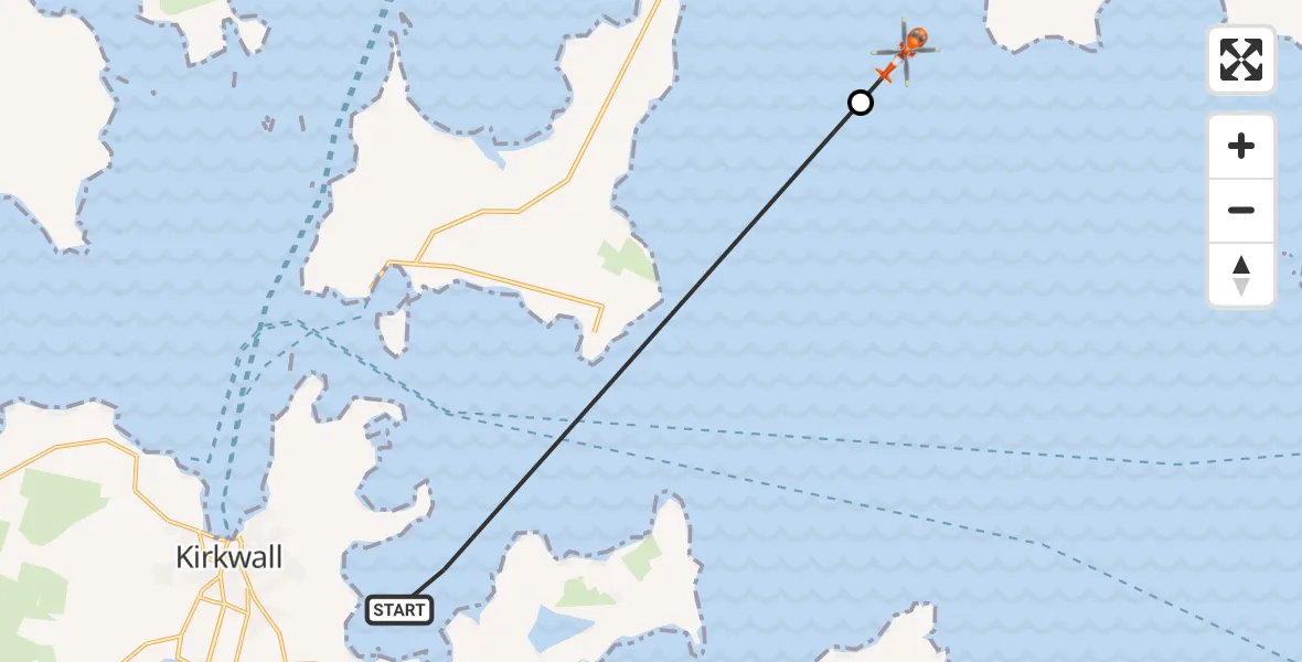 Flight path map showing Coastguard Helicopter route from Kirkwall to North Atlantic Ocean