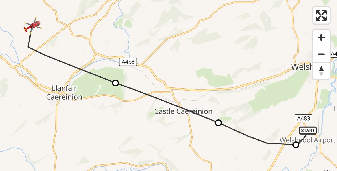 Flight path map showing Air Ambulance Helicopter route from Welshpool Airport to Llanfair Caereinion