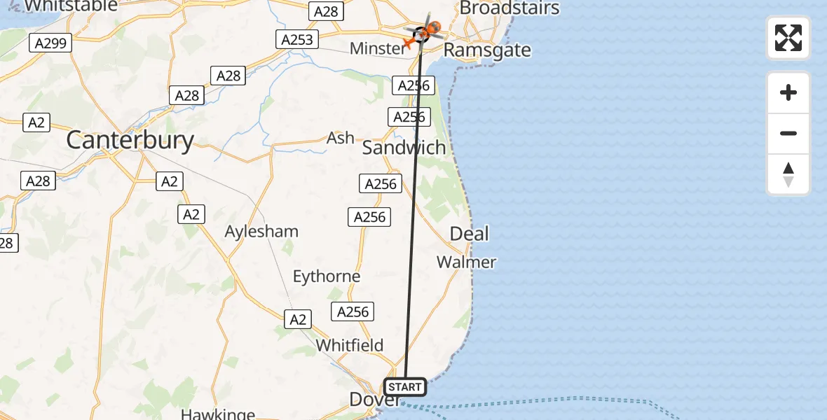 Flight path map showing Coastguard Helicopter route from Langdon Battery Heliport to Manston Airport