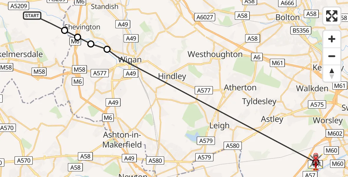 Flight path map showing Air Ambulance Helicopter route from Dalton to Manchester Barton Aerodrome