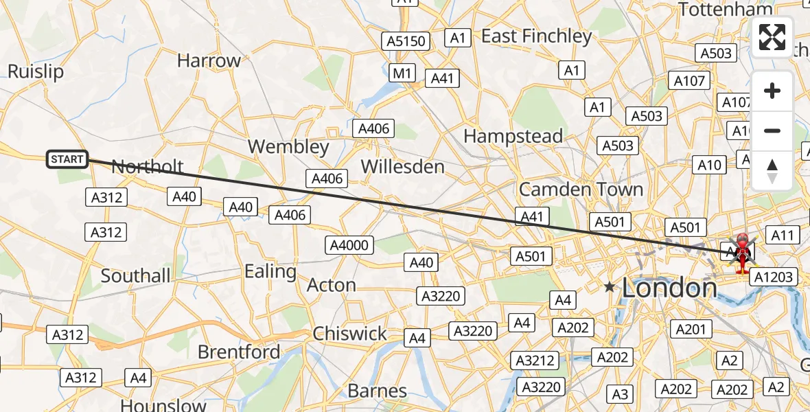 Flight path map showing Air Ambulance Helicopter route from RAF Northolt to Royal London Hospital