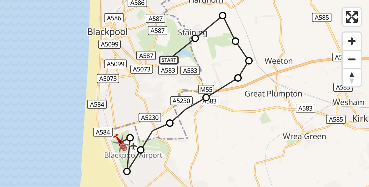 Flight path map showing Air Ambulance Helicopter route from Blackpool to Blackpool Airport