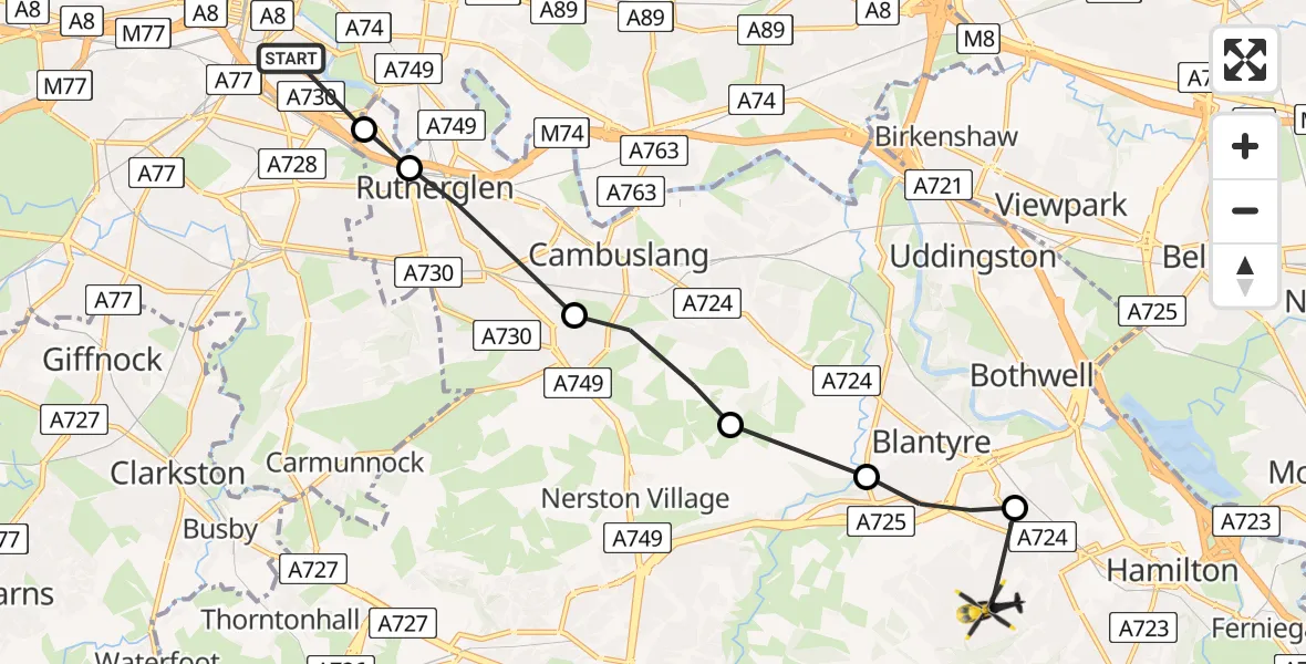 Flight path map showing Police Helicopter route from Glasgow to Blantyre