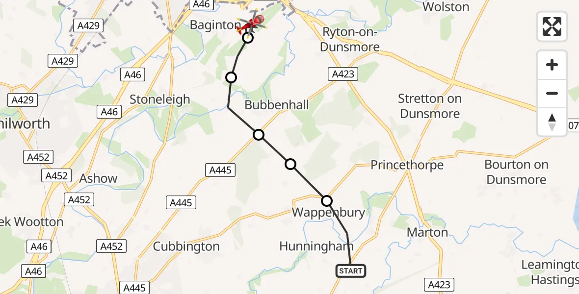Flight path map showing Air Ambulance Helicopter route from Hunningham to Coventry Airport
