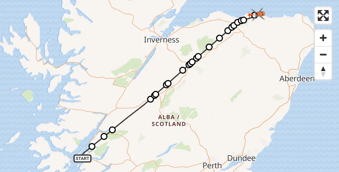 Flight path map showing Coastguard Helicopter route from Inner Seas to Sandend