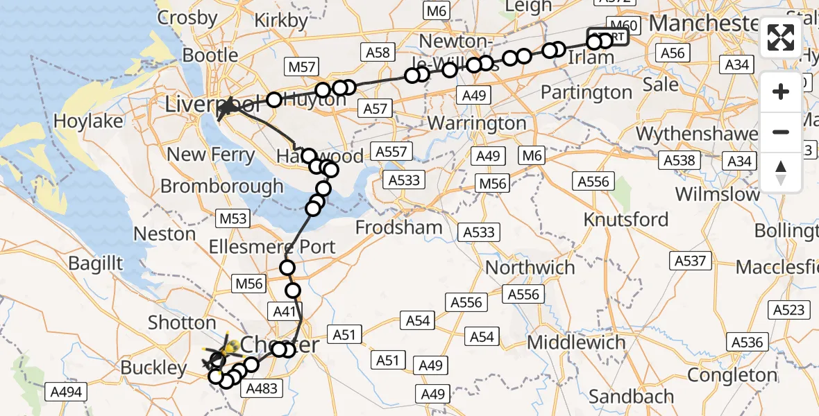 Flight path map showing Police Helicopter route from Manchester Barton Aerodrome to Sandycroft