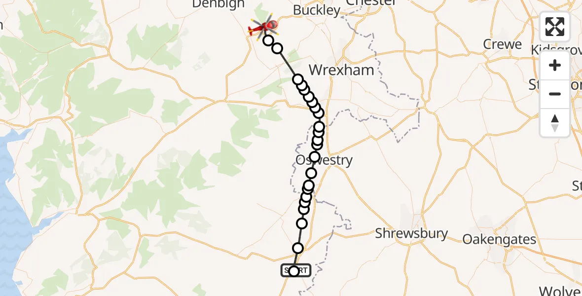 Flight path map showing Air Ambulance Helicopter route from Welshpool Airport to Llanbedr Dyffryn Clwyd