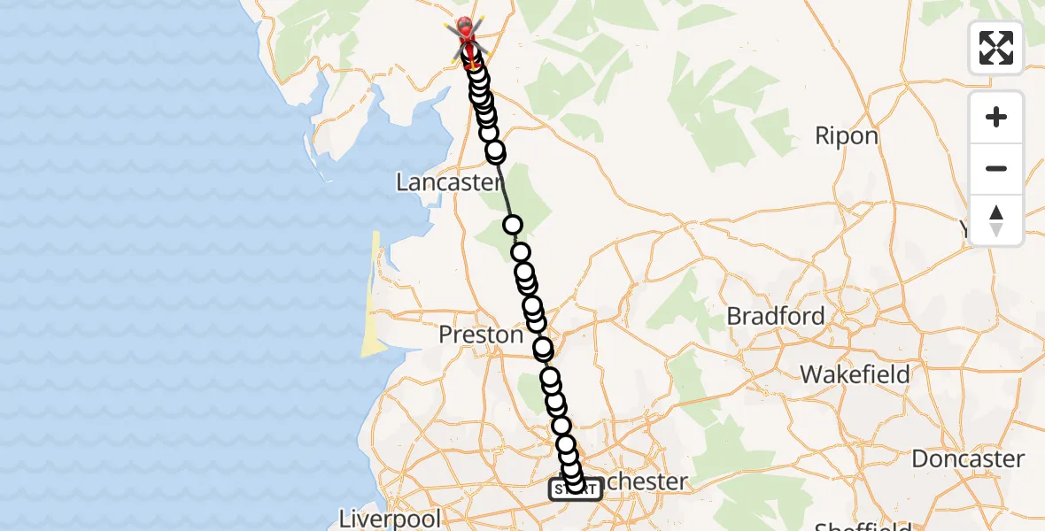 Flight path map showing Air Ambulance Helicopter route from Manchester Barton Aerodrome to Oxenholme