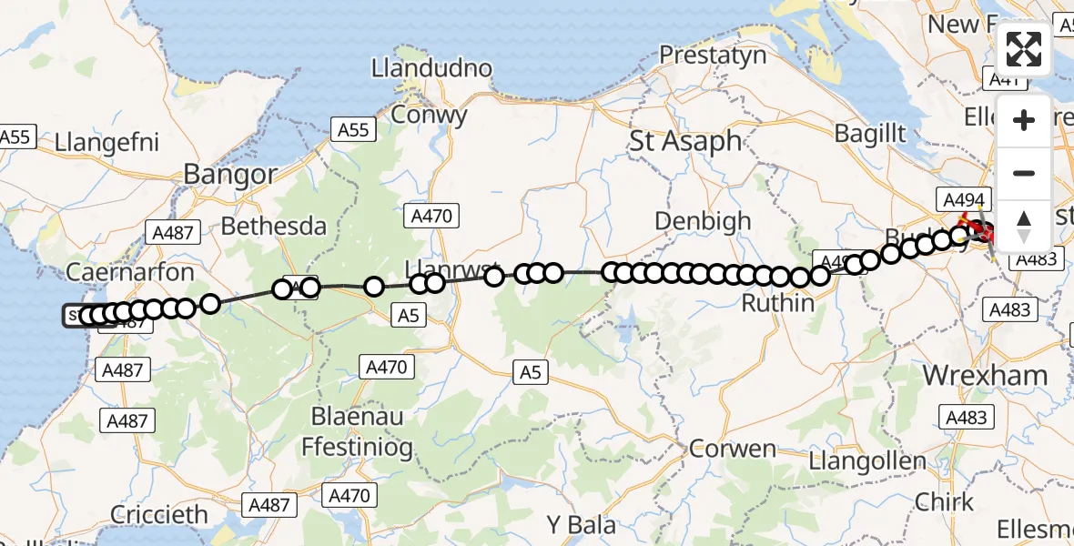Flight path map showing Air Ambulance Helicopter route from Caernarfon Airport to Broughton