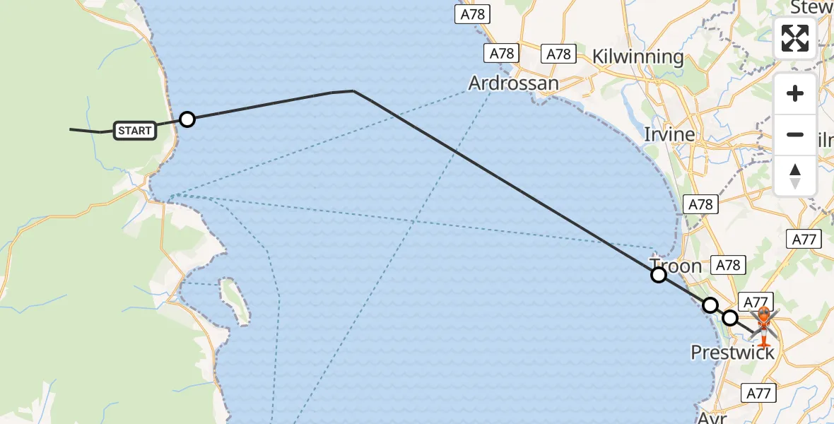 Flight path map showing Coastguard Helicopter route from Corrie to Glasgow Prestwick Airport