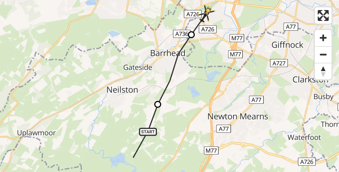 Flight path map showing Police Helicopter route from Neilston to Glasgow