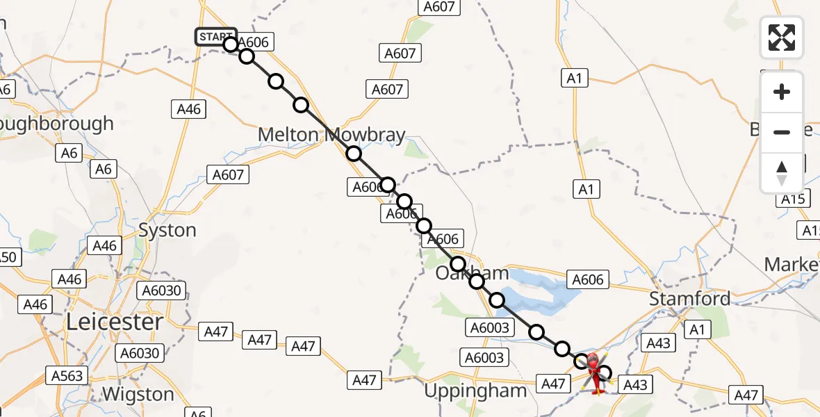 Flight path map showing Air Ambulance Helicopter route from Hickling to Barrowden