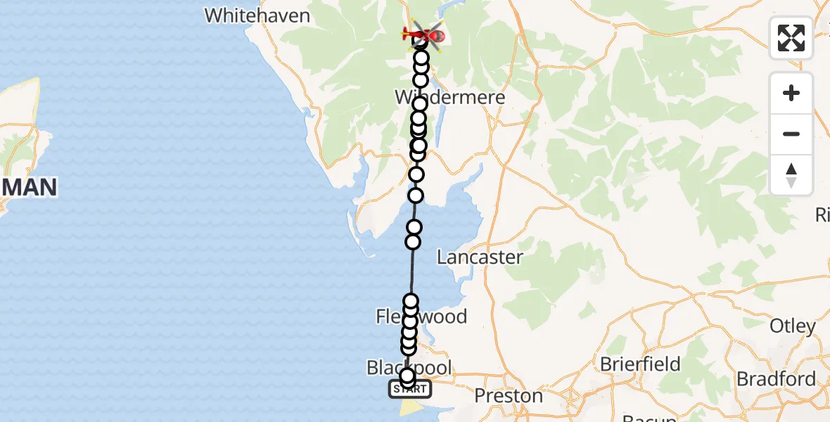 Flight path map showing Air Ambulance Helicopter route from Blackpool Airport to Patterdale