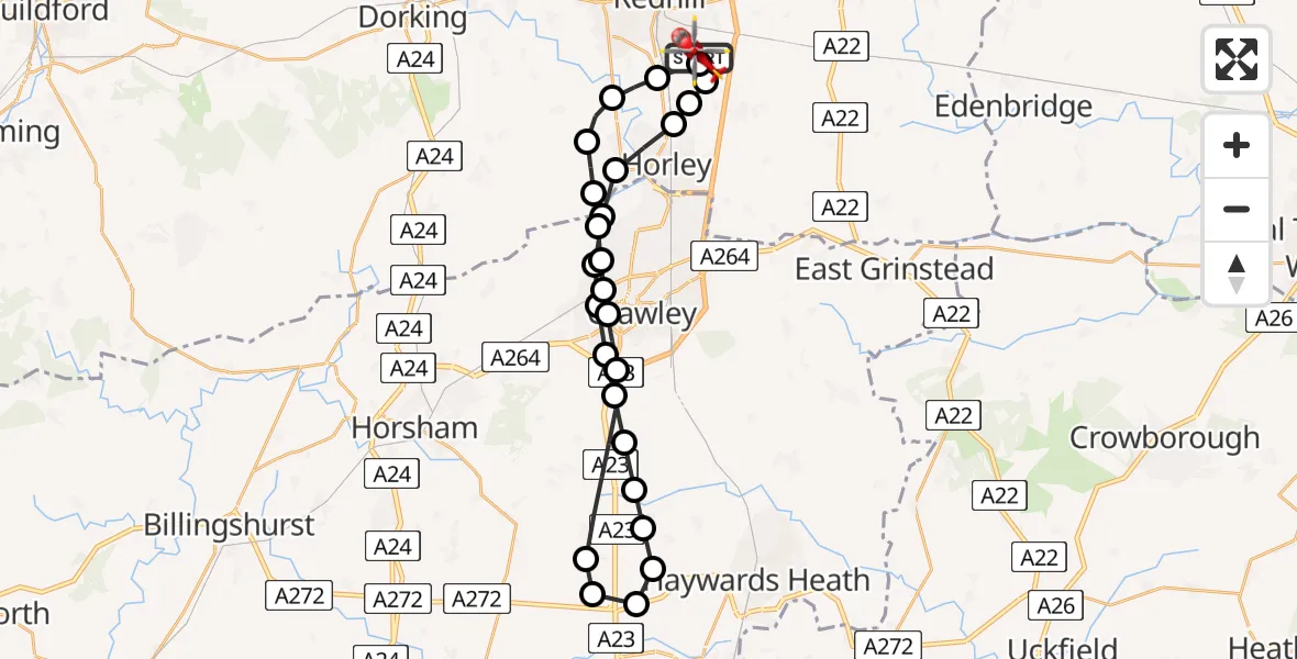Flight path map showing Air Ambulance Helicopter route from Redhill Aerodrome to Redhill Aerodrome