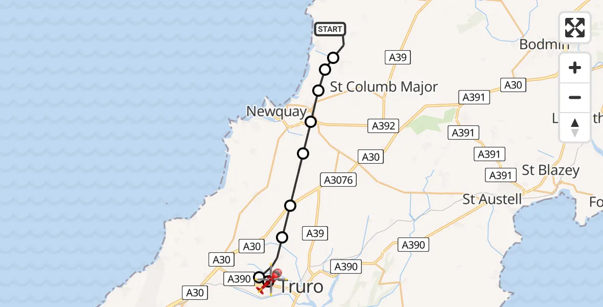 Flight path map showing Air Ambulance Helicopter route from St. Eval to Treliske Hospital