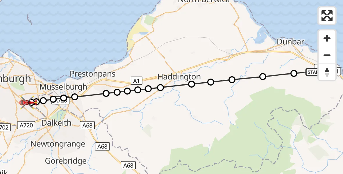 Flight path map showing Air Ambulance Helicopter route from Innerwick to City of Edinburgh