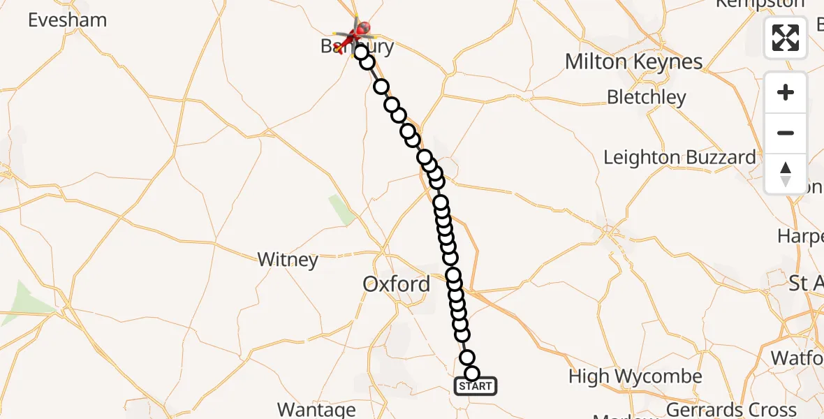 Flight path map showing Air Ambulance Helicopter route from RAF Benson to Banbury