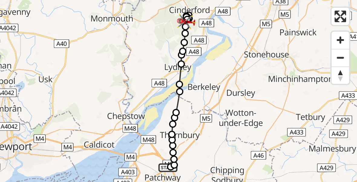 Flight path map showing Air Ambulance Helicopter route from Almondsbury Helicopter Base to Ruspidge