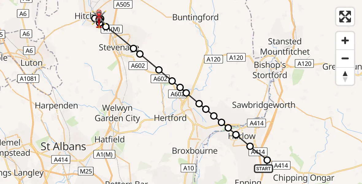 Flight path map showing Air Ambulance Helicopter route from North Weald Airfield to St Ippolyts