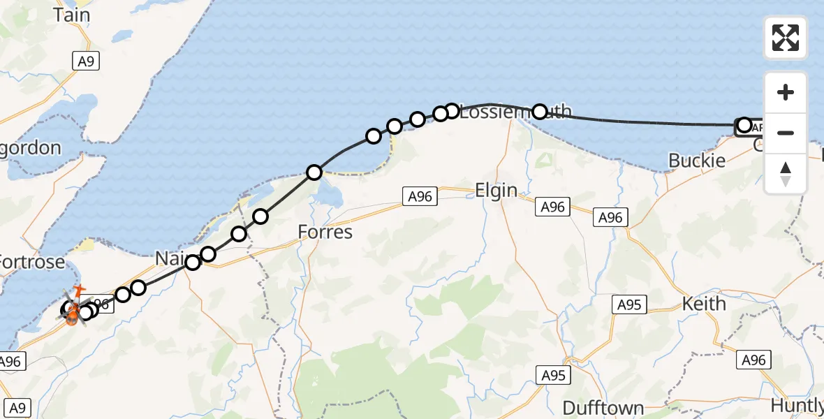 Flight path map showing Coastguard Helicopter route from Portknockie to Inverness Airport