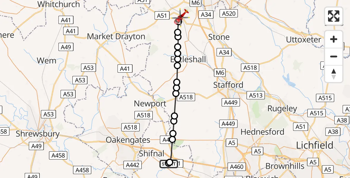 Flight path map showing Air Ambulance Helicopter route from RAF Cosford to Chapel Chorlton