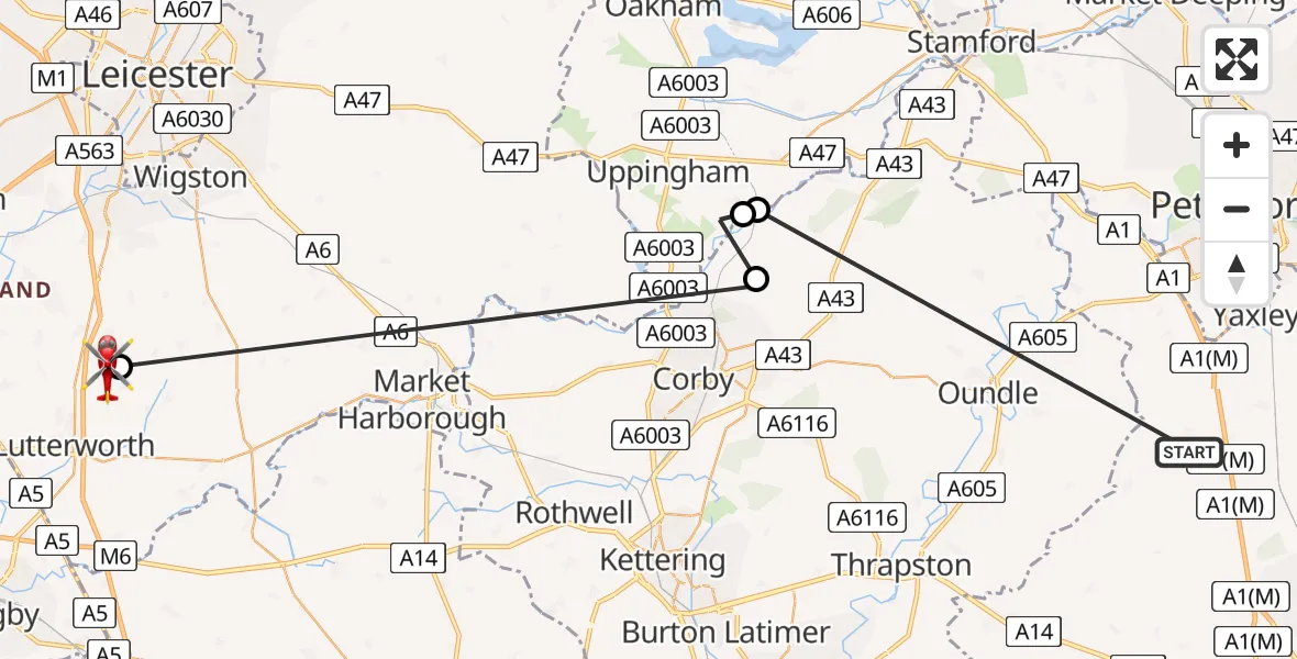 Flight path map showing Air Ambulance Helicopter route from Glatton to Harborough