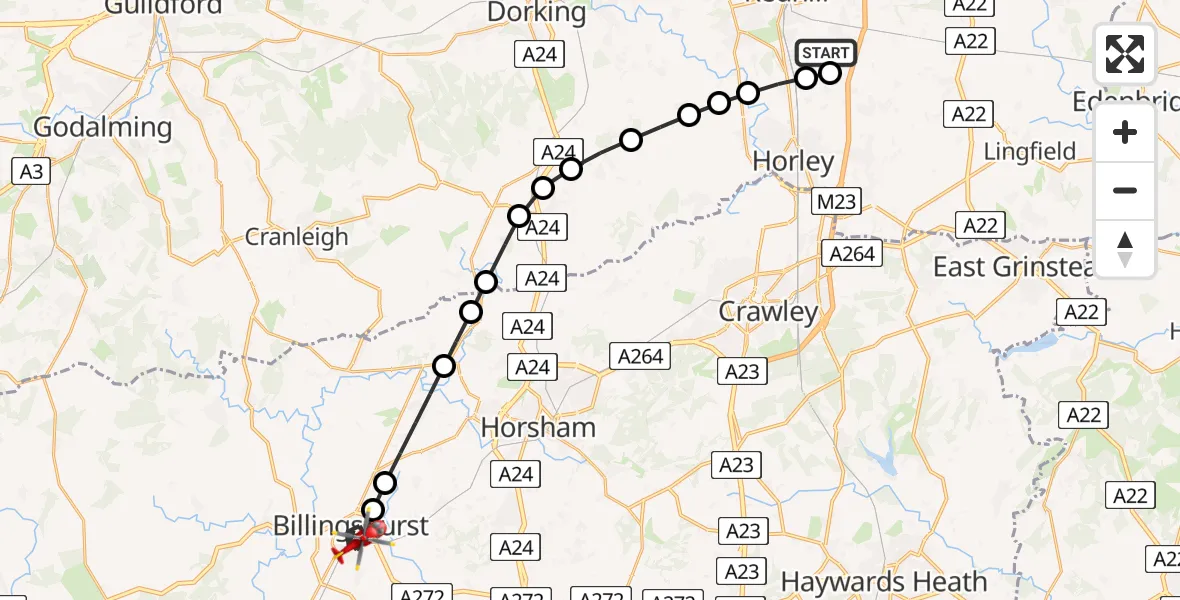 Flight path map showing Air Ambulance Helicopter route from Redhill Aerodrome to Billingshurst