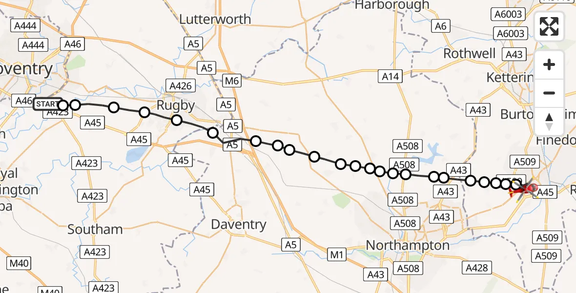 Flight path map showing Air Ambulance Helicopter route from Coventry Airport to Wellingborough