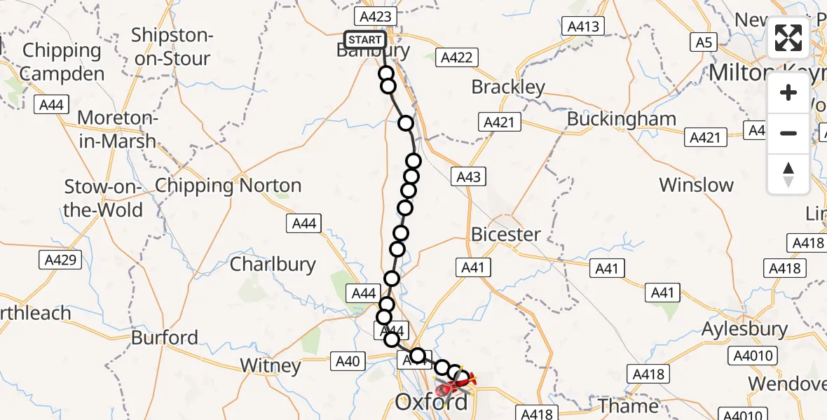 Flight path map showing Air Ambulance Helicopter route from Banbury to Oxford